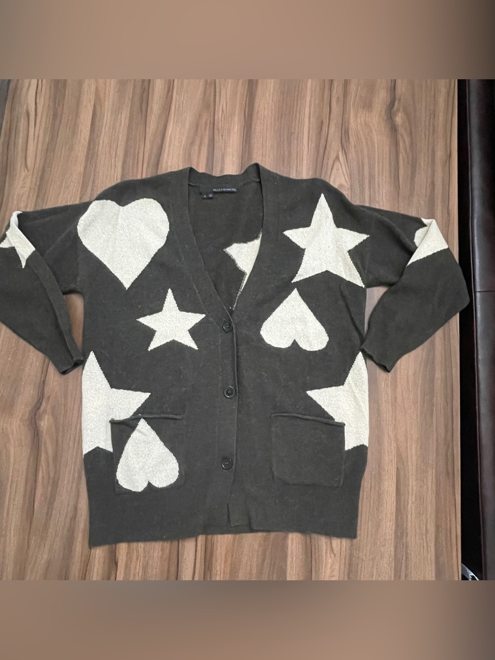 360 Cashmere Button Cardigan Sweater with White Heart & Star Motif Olive S